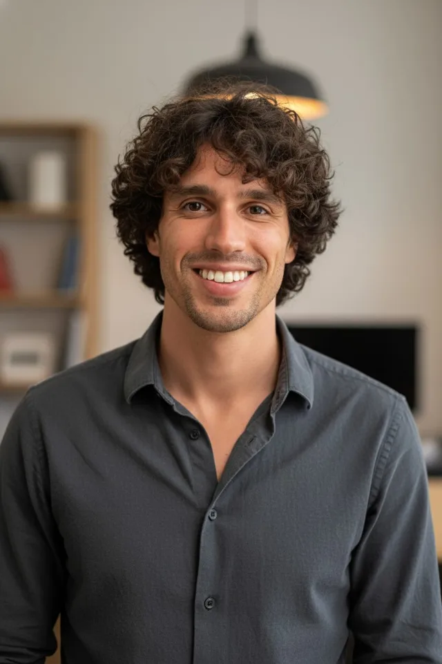 Professional portrait of a smiling man with curly dark hair wearing a grey button-down shirt in a modern office setting.
