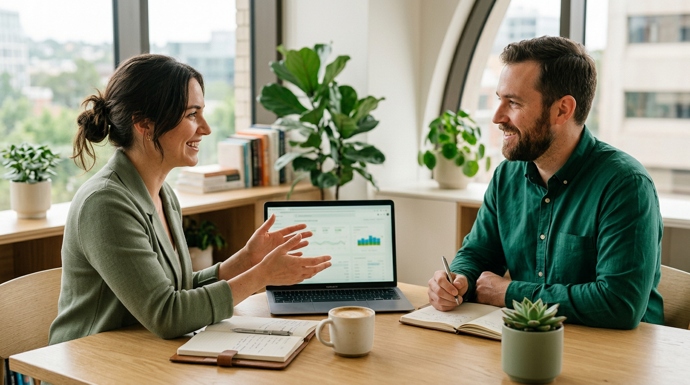 Collaborative strategy work: analytics review and SEO planning in a modern professional setting.