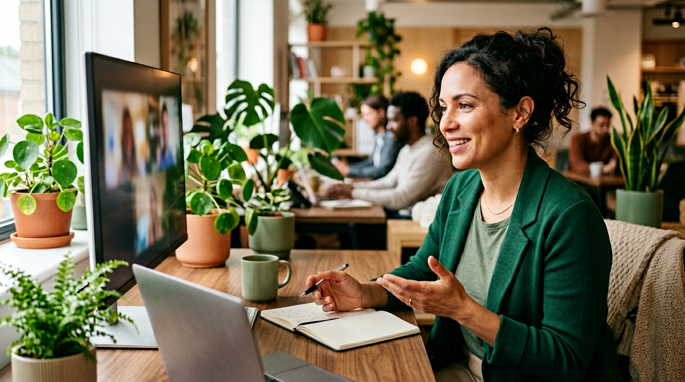 Professional at a modern desk ready for an SEO consultation call.